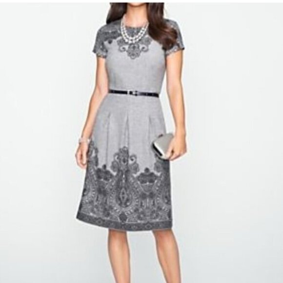 NWOT Talbots Wool Fit & Flare Paisley Print Pleated Cap Sleeve Dress Gray/Black - Picture 1 of 7
